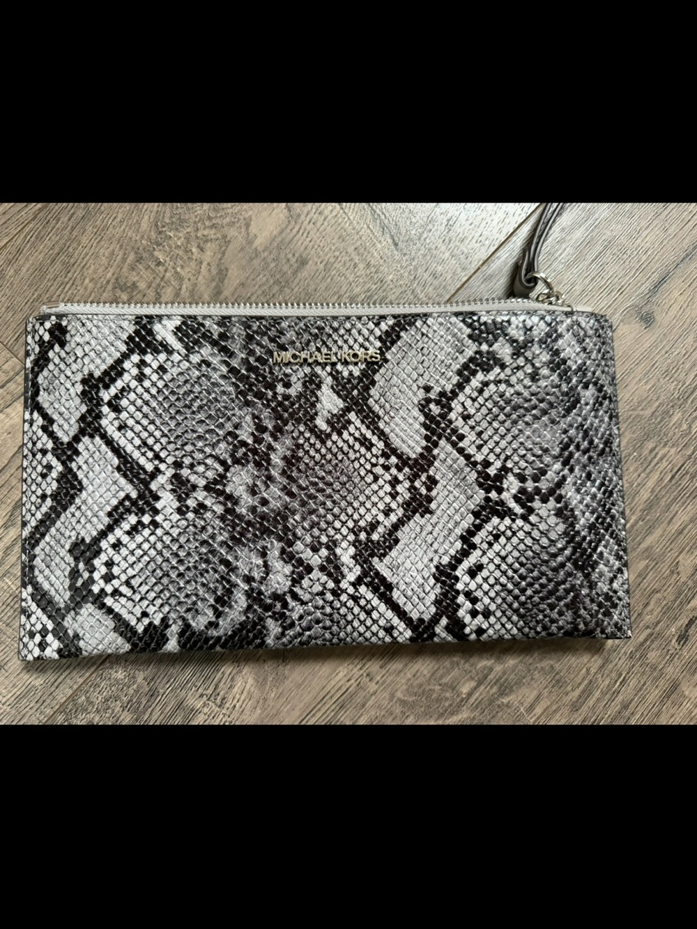 Michael Kors Snake-Print Zip Wristlet in Black and Gray